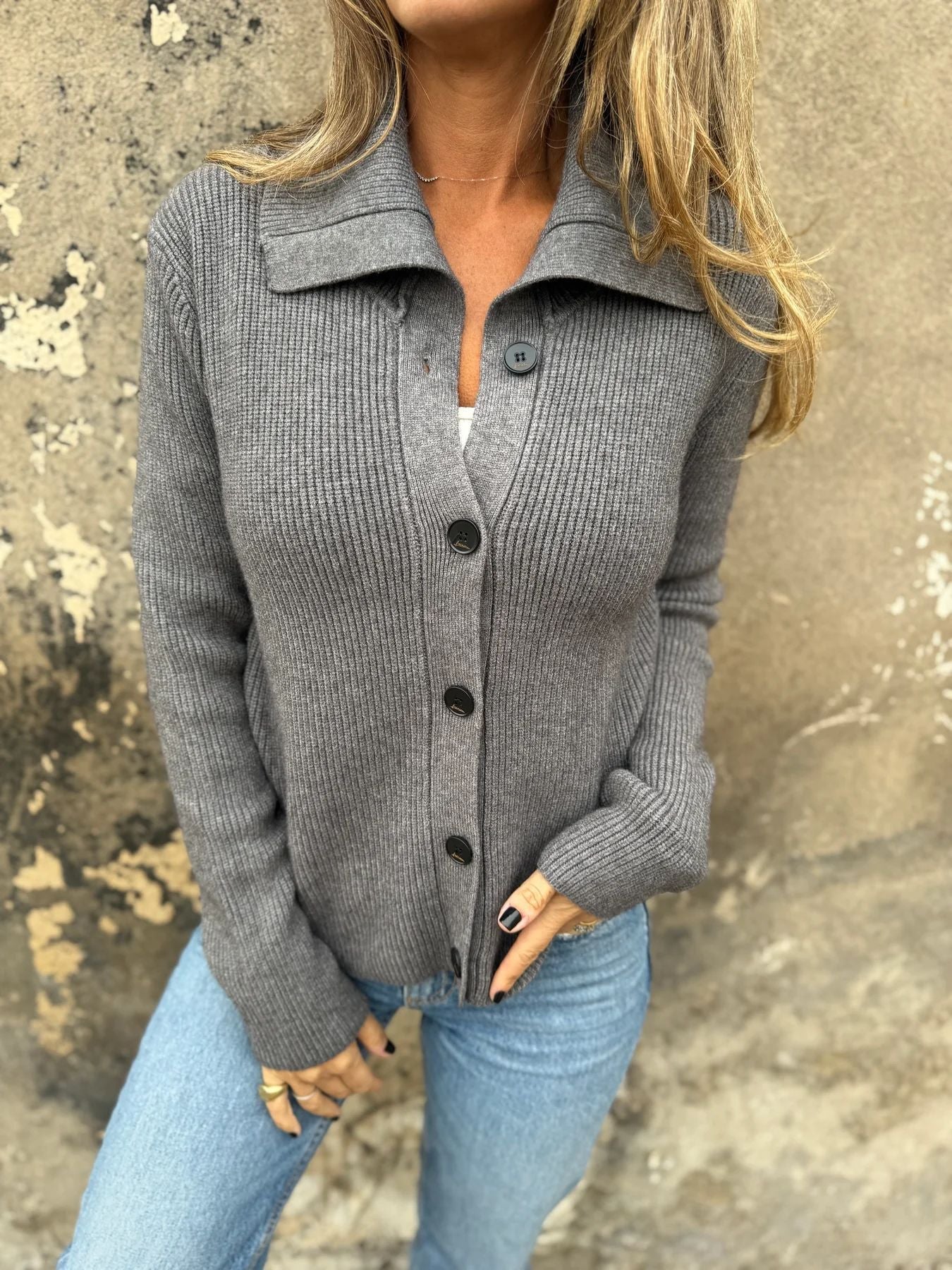 Loose Cropped Button Lapel Sweater Jacket