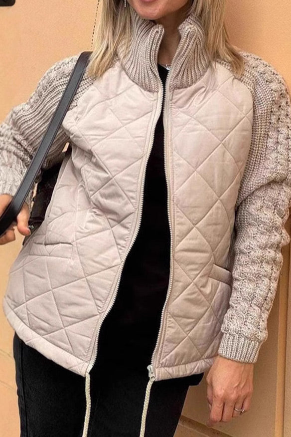 Knitted turtleneck and sleeve paneled padded jacket