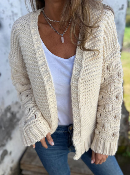 Solid Color Thick Knit Hollow Sleeve Knit Cardigan