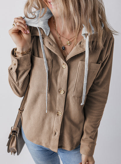 Corduroy Lapel Button Hooded Jacket