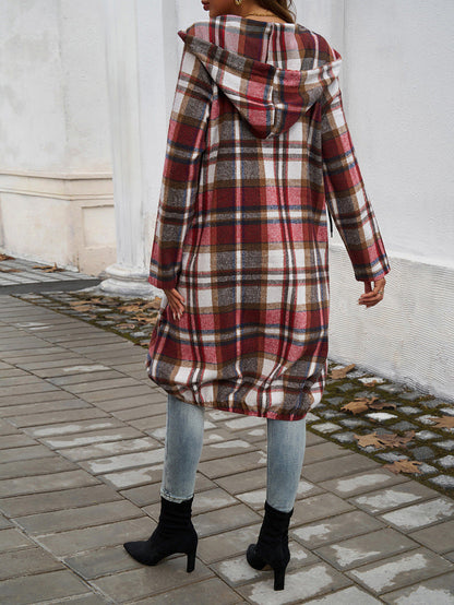 Loose Contrast Plaid Zipper Hooded Long Jacket