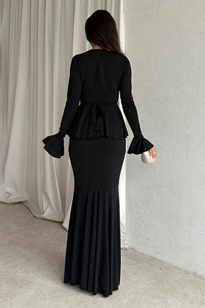 Solid color long-sleeved V-neck lace strappy hip Maxi dress