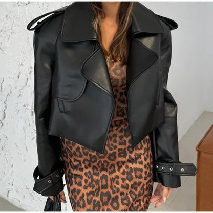 Black Vintage Cropped Leather Motorcycle Jacket