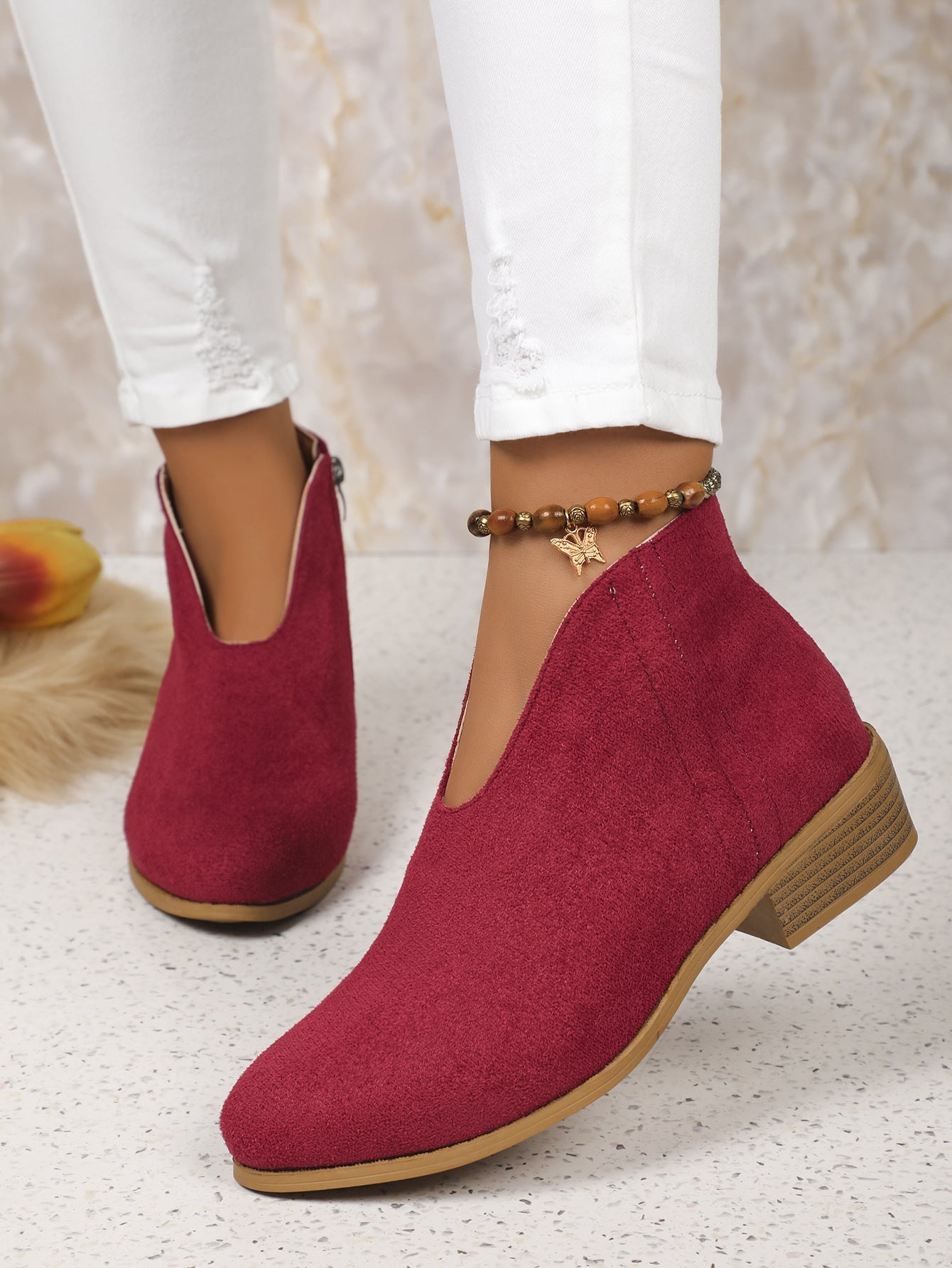 Side zipper round toe suede square heel ankle boots