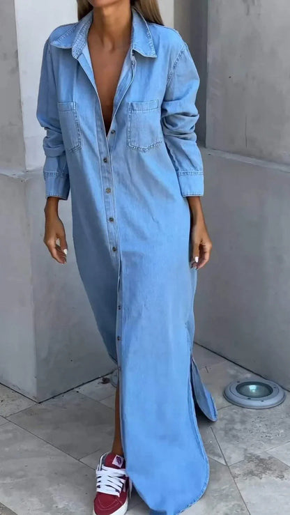 Lapel Cardigan Long Sleeve Single-Breasted Denim Maxi Dress