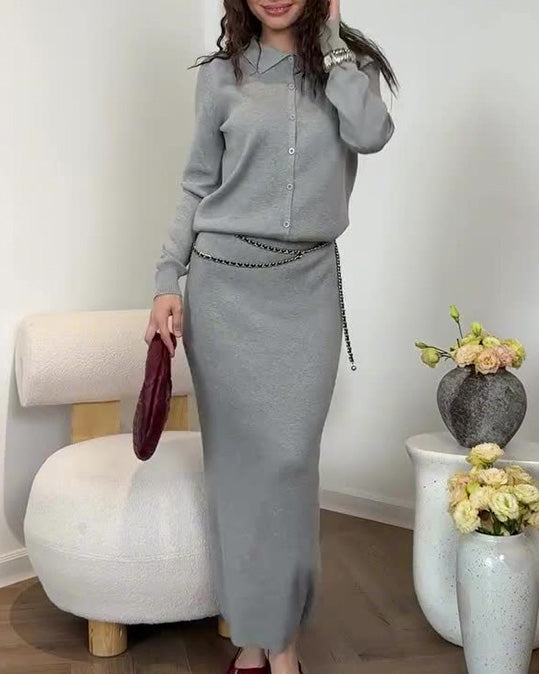 Solid color long-sleeved polo shirt straight skirt two-piece suit