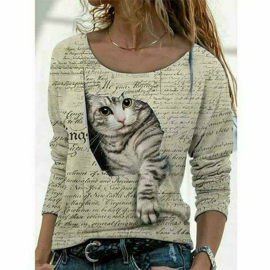 Modisches T-Shirt Mit Katzen-Print Khaki