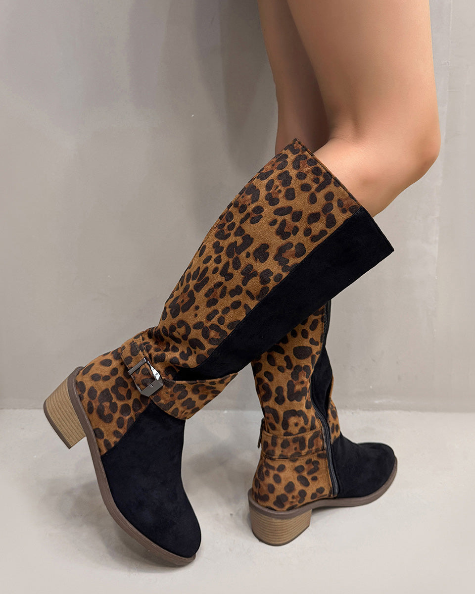 Suede upper with leopard back round toe thick heel boots