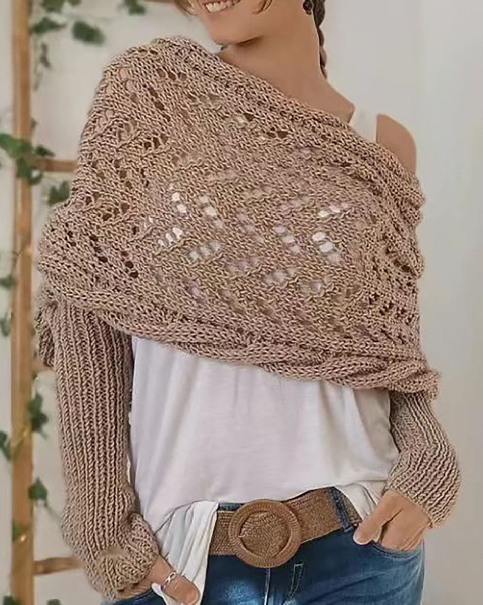 Hollow Long Sleeve Knitted Shawl Sweater