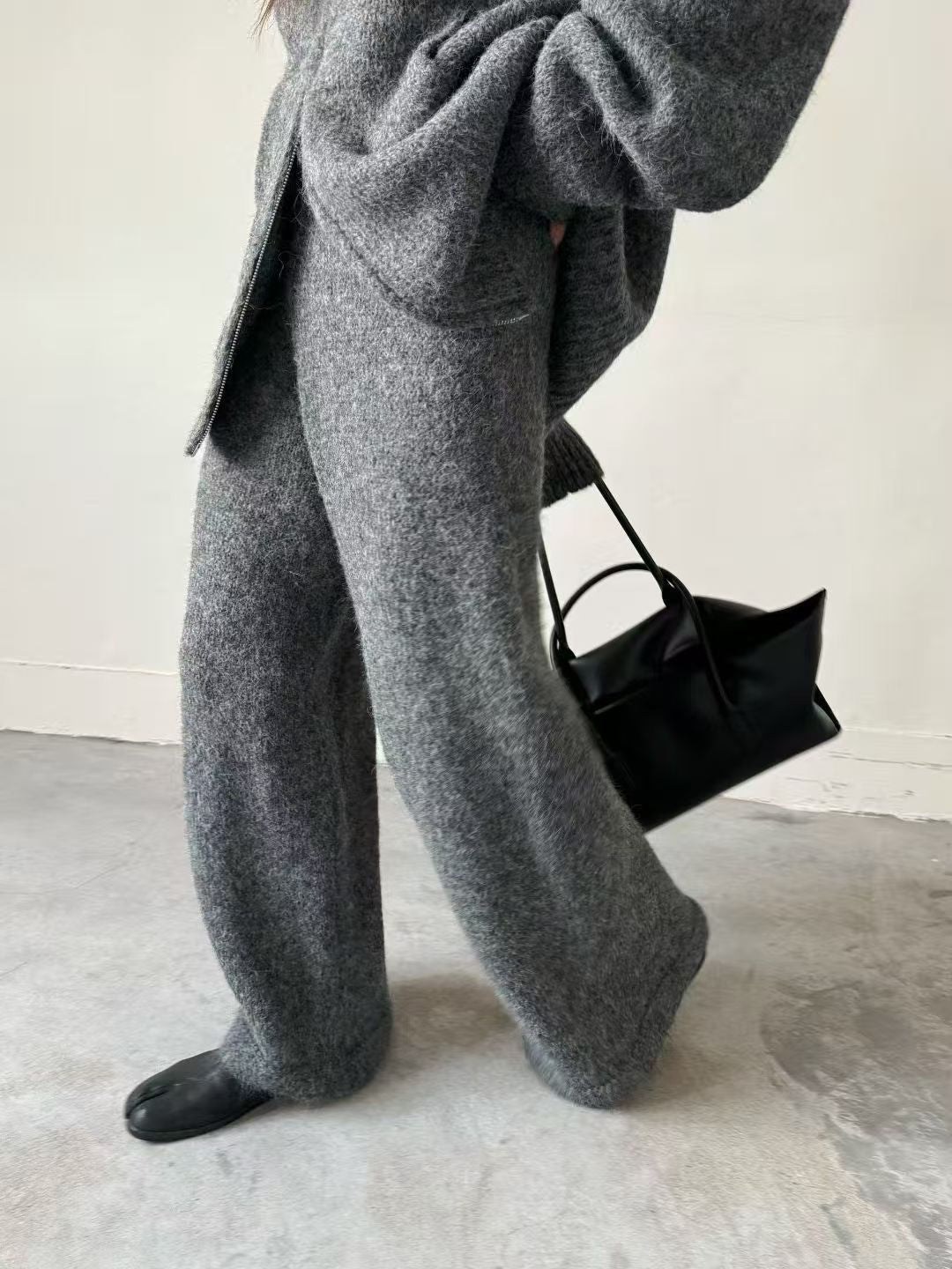 Loose Thickened Knit Hooded Zipper Cardigan Wide-Leg Pants Two-Piece Set