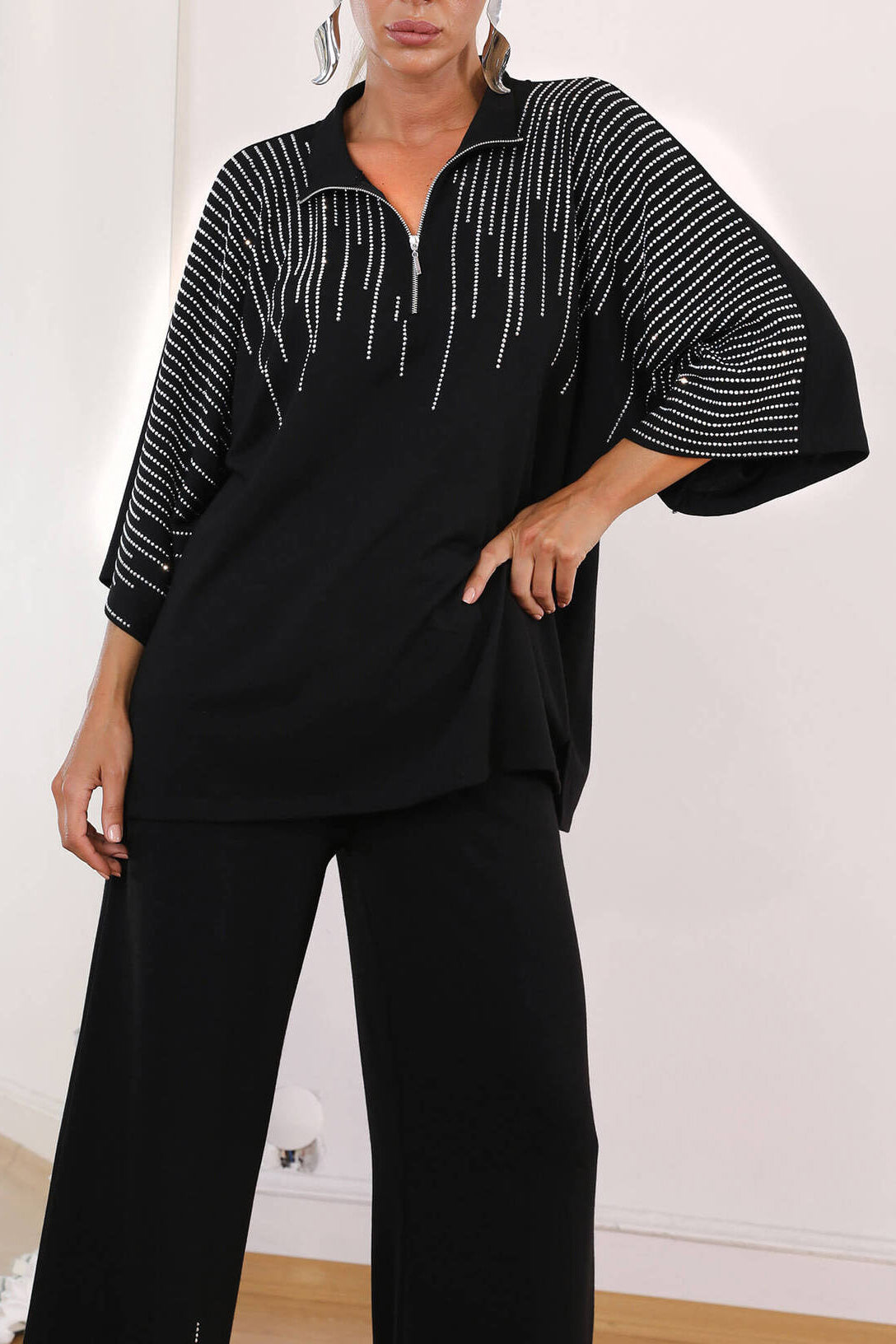 Rhinestone three-quarter sleeve top and wide-leg pants two-piece set