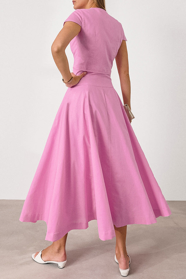 Chic button design Short-sleeved top A-line maxi skirt Two-piece suit