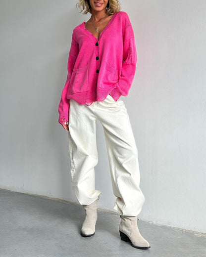 Cozy distressed deep V-neck single-breasted loose wool cardigan