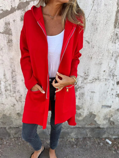 Solid Color Zip-Up Hooded Jacket