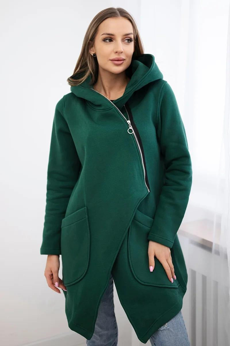 Asymmetric zip-up hooded mid-length fleece sweatshirt jacket
