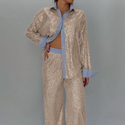 Loose casual sequined suit jacket and wide-leg pants two-piece suit