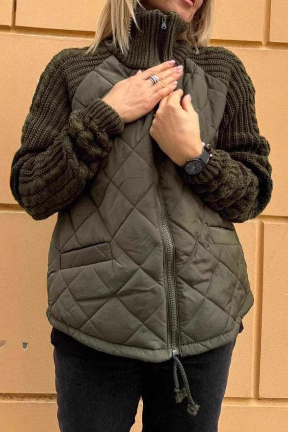 Knitted turtleneck and sleeve paneled padded jacket