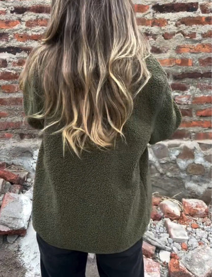 Loose irregular button high collar fleece jacket