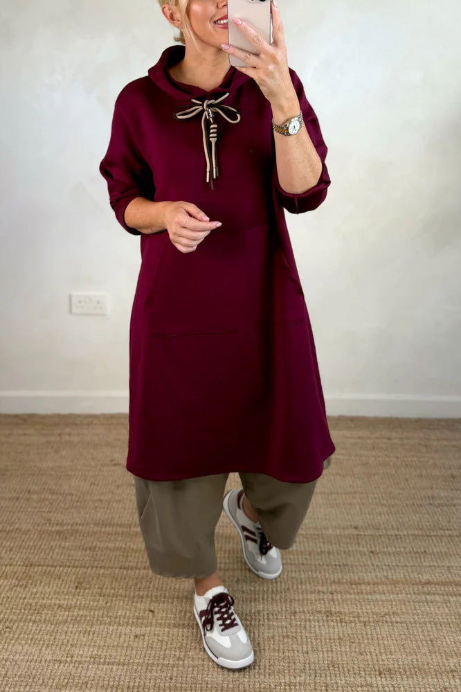 Kangaroo Pocket Loose Hooded Sweatshirt Midi Dress