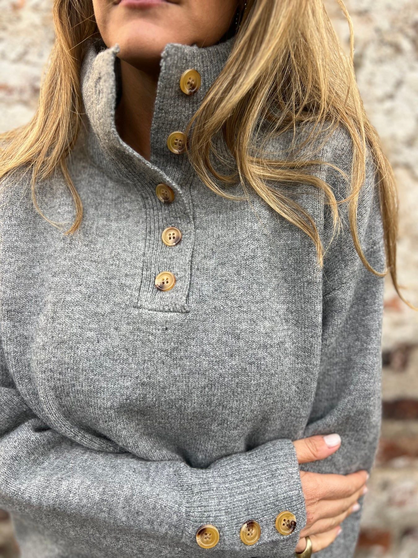 Stand collar solid color button loose sweater