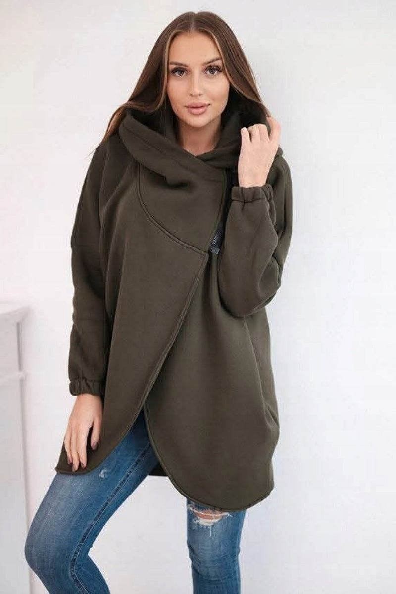Chic Asymmetric zip-up hooded fleece sweatshirt jacket