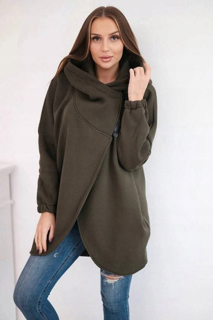 Chic Asymmetric zip-up hooded fleece sweatshirt jacket