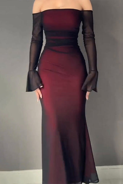 Burgundy long-sleeved tube-top hip-hugging slim dress
