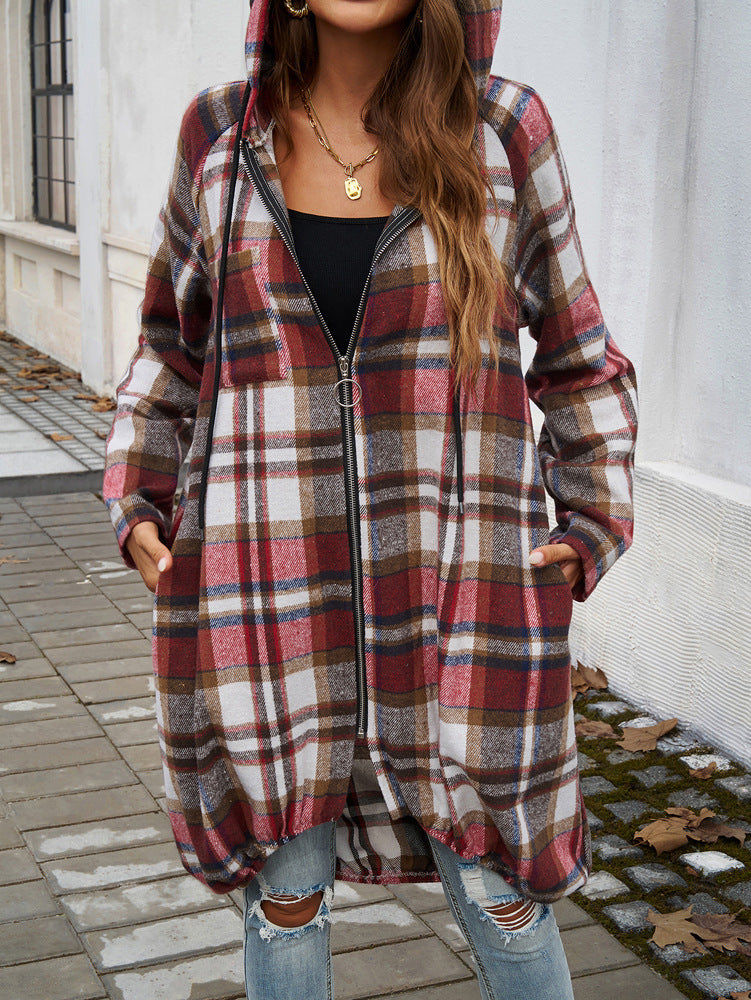 Loose Contrast Plaid Zipper Hooded Long Jacket