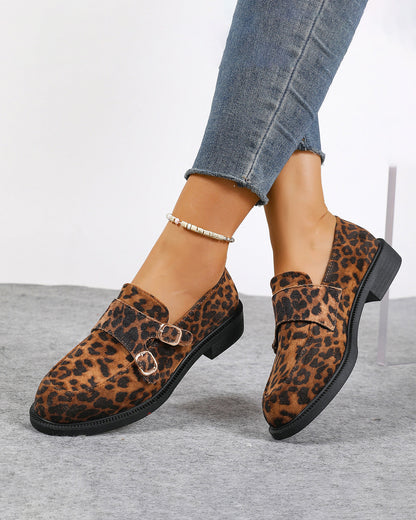 Buckled low-heeled British-style leopard-print loafers