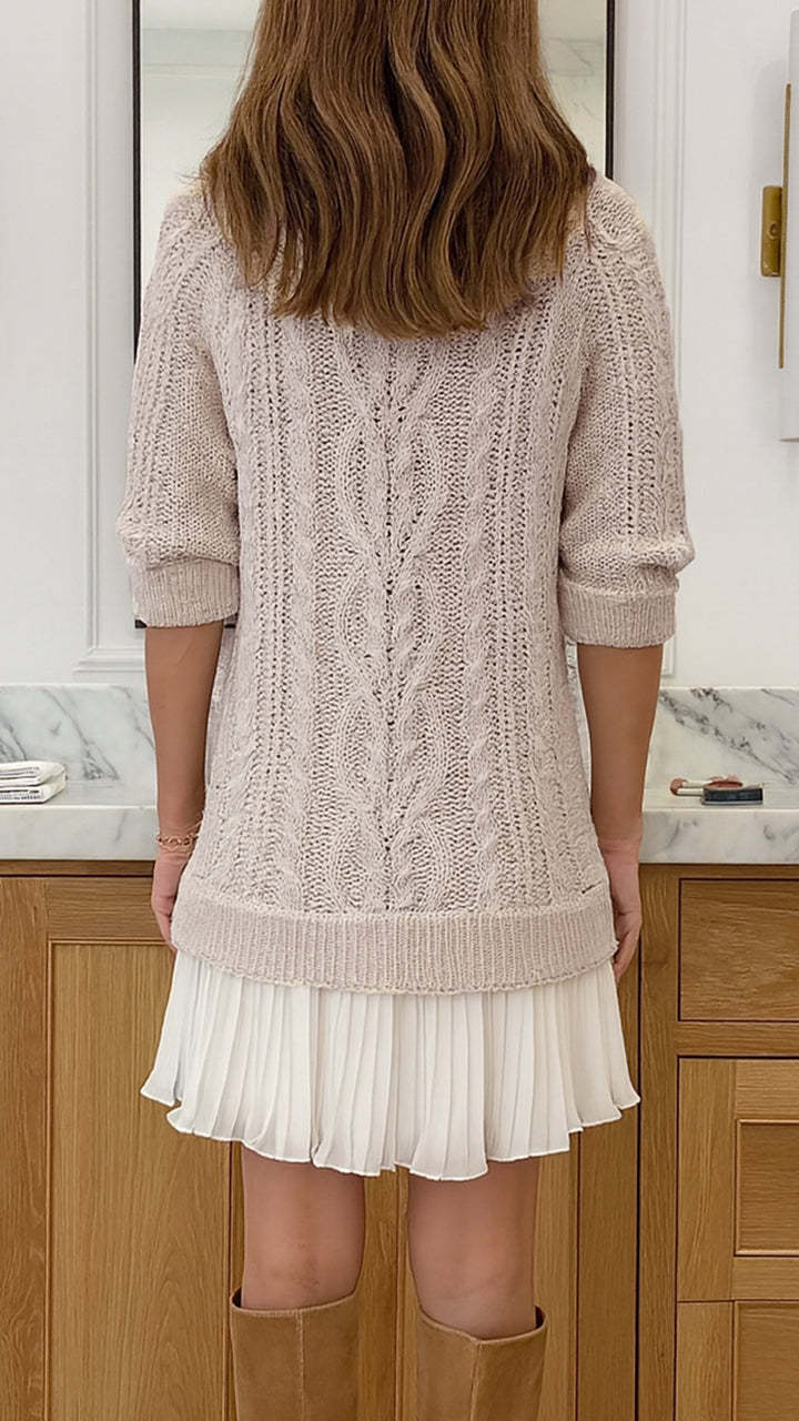 Long-sleeved crew neck cable knit chiffon hem dress