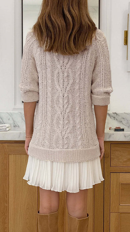 Long-sleeved crew neck cable knit chiffon hem dress