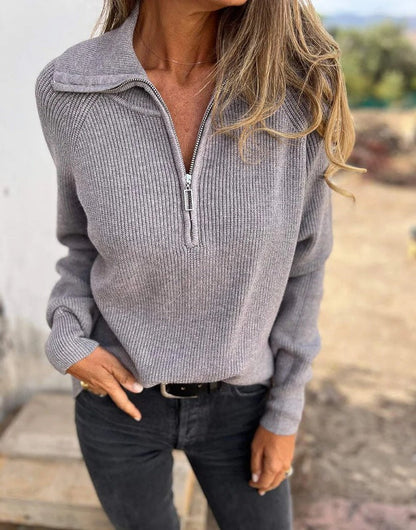 Solid Color Long Sleeve Knit Zipper Pullover Sweater