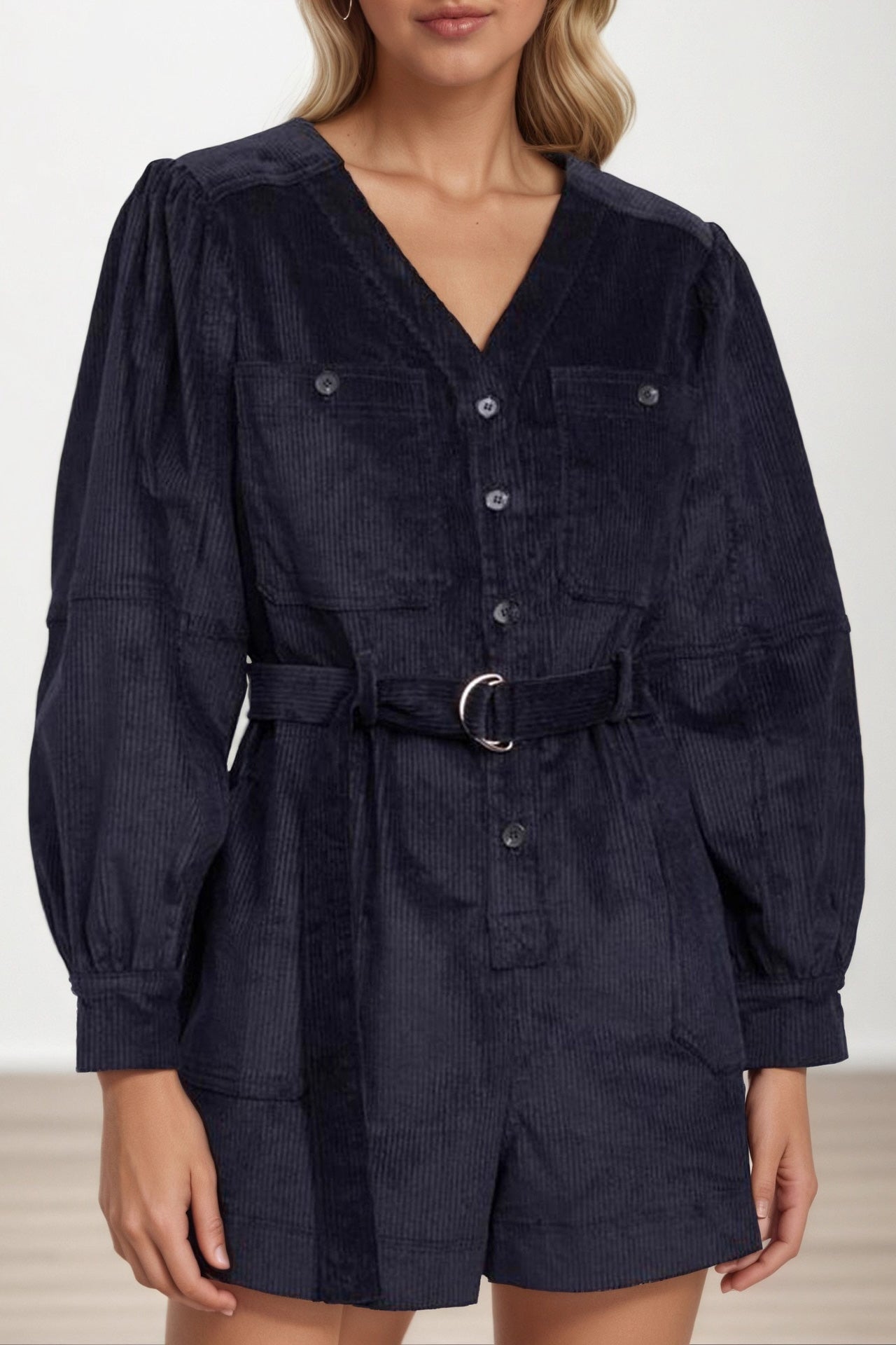 Corduroy Retro Waist Puff Sleeve Romper