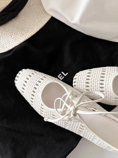 Vintage woven hollow lace-up square toe chunky heel Mary Jane shoes