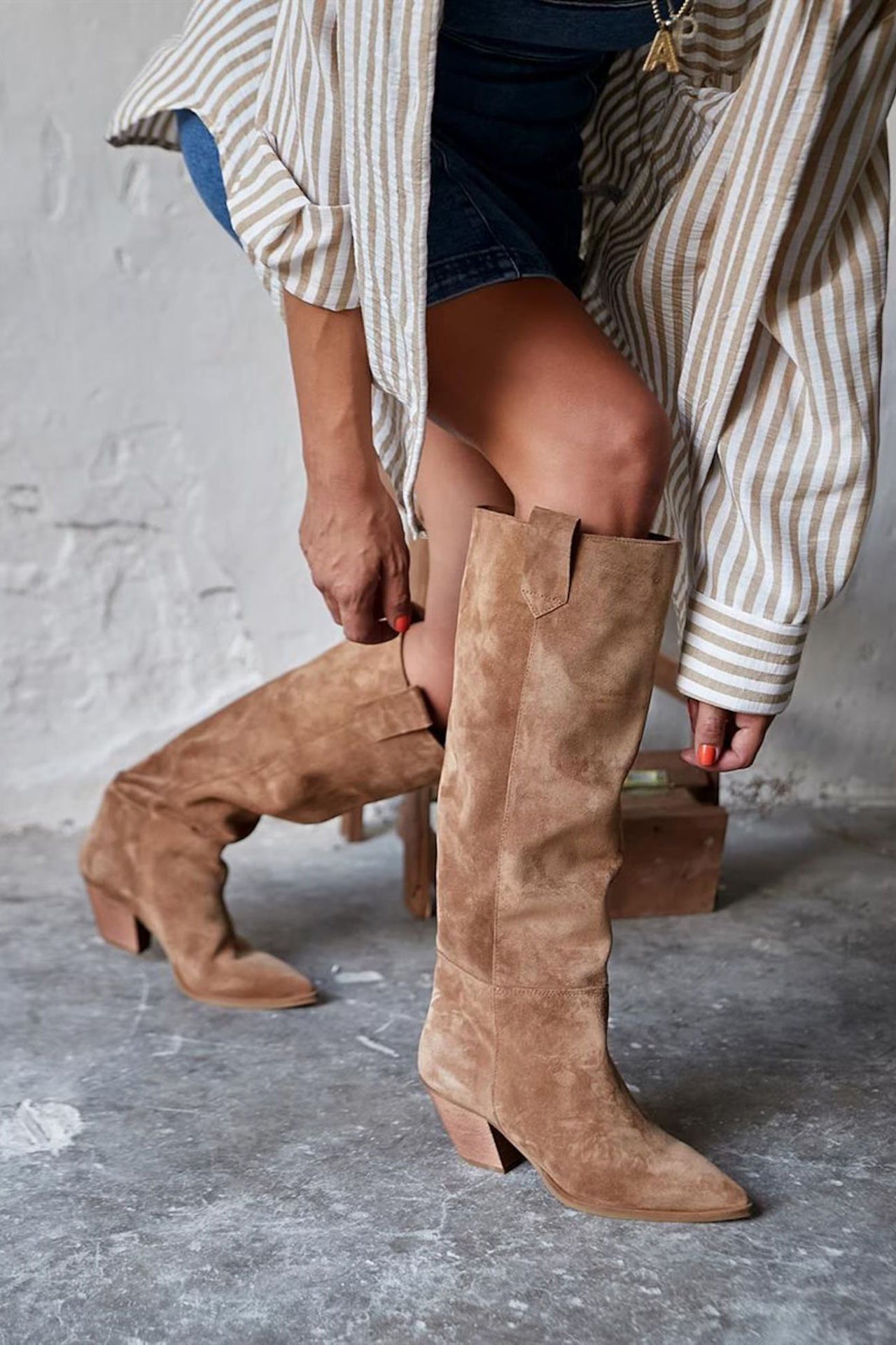 Suede pointed toe chunky heel knee high boots