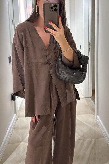 V-neck one-button loose long-sleeved top and high-waisted trousers two-piece set