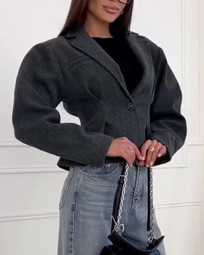 Sweet short single-breasted one-button long-sleeved suit collar woolen coat