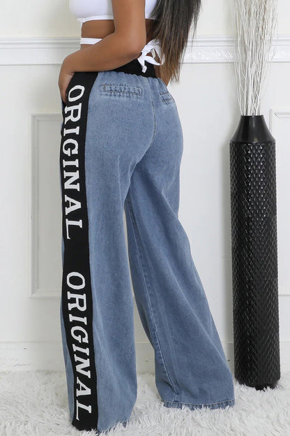 High-waisted Braided belt splicing sides wide leg jeans