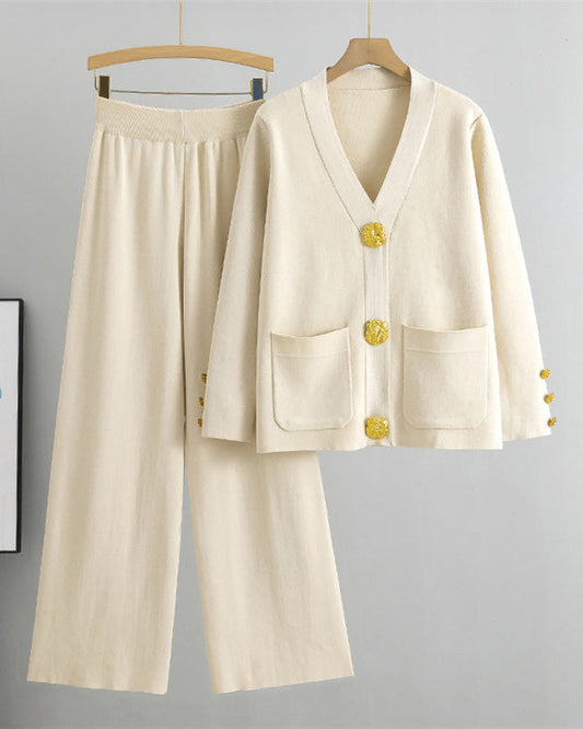 Chic gold large button knitted sweater and wide-leg pants two-piece suit