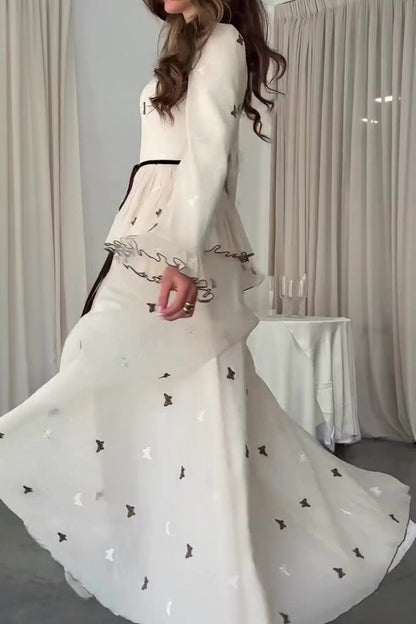 White long-sleeved chiffon butterfly embroidery dress