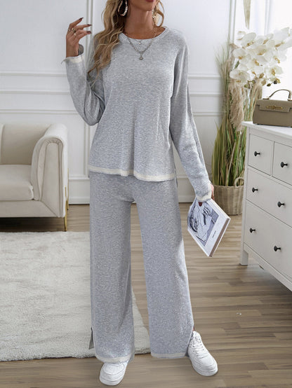 Contrasting trim Solid color knitted sweater and pants set