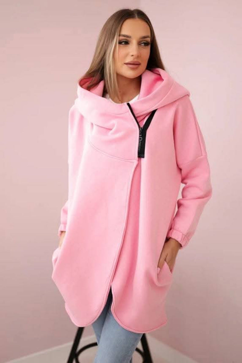 Chic Asymmetric zip-up hooded fleece sweatshirt jacket