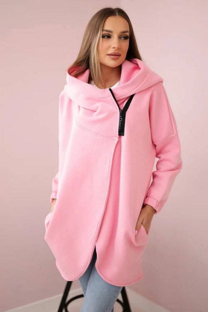 Chic Asymmetric zip-up hooded fleece sweatshirt jacket
