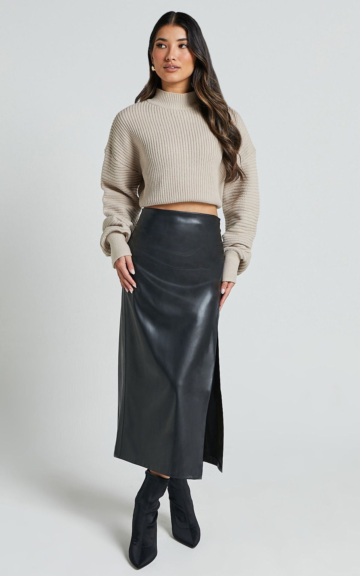 Slit high waist zipper PU leather skirt