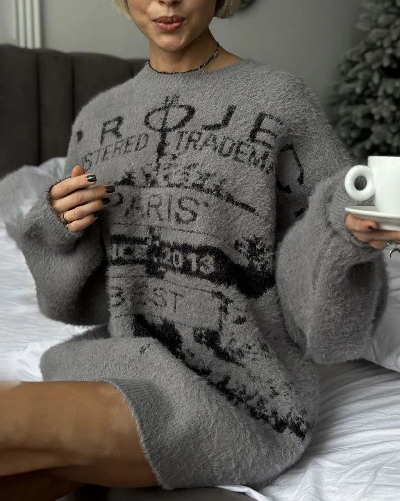 Cozy Round neck letter mid-length pullover sweater