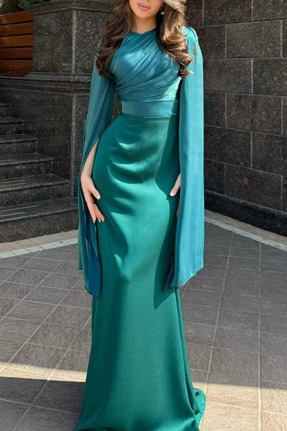 Mesh flared sleeves satin long slim dress