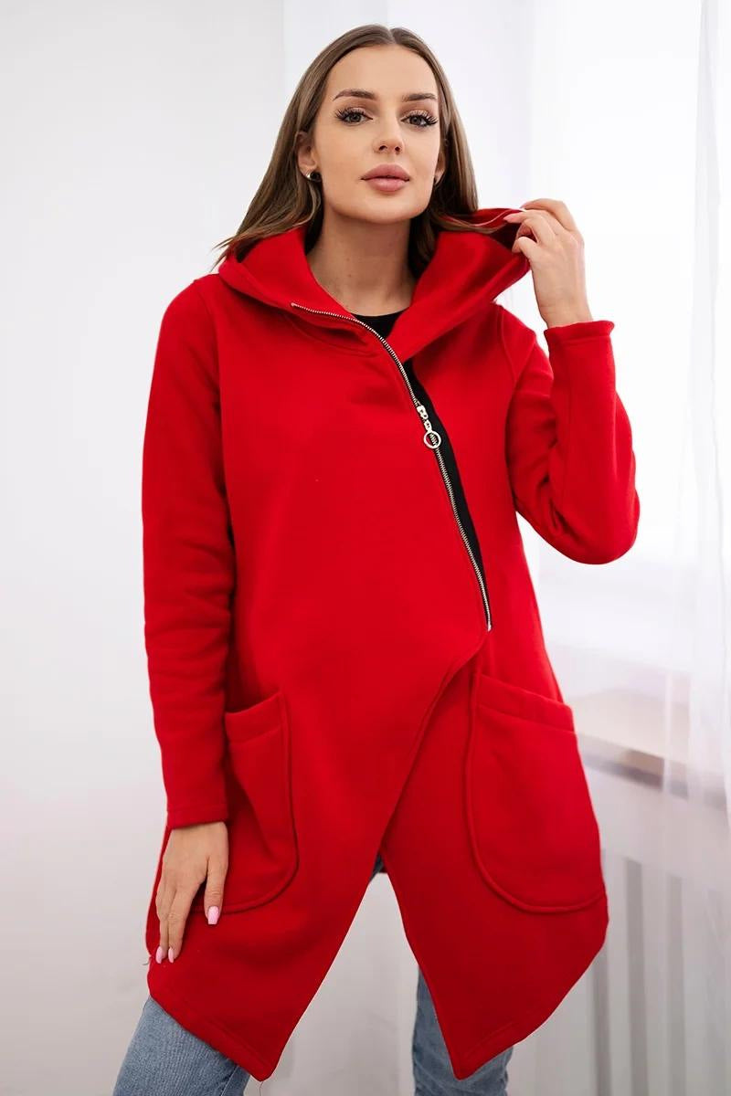 Asymmetric zip-up hooded mid-length fleece sweatshirt jacket
