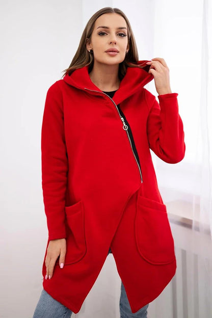 Asymmetric zip-up hooded mid-length fleece sweatshirt jacket