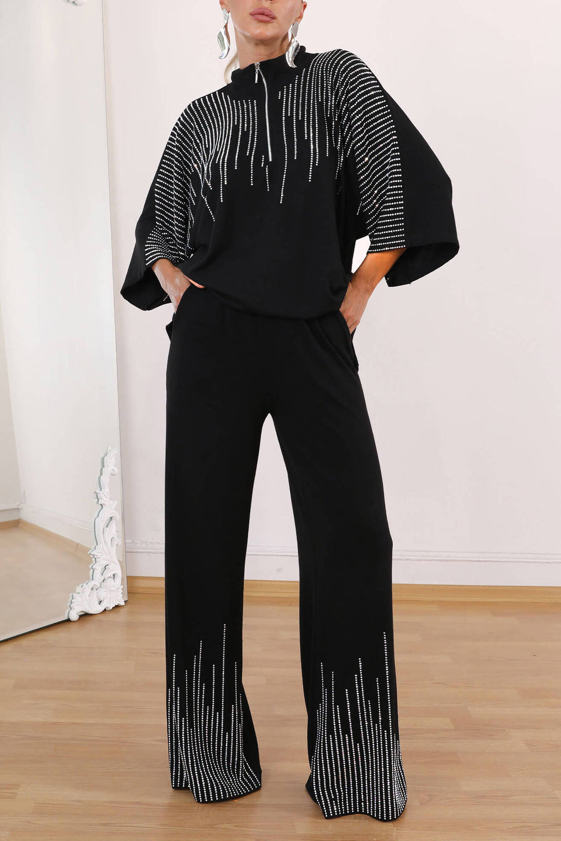 Rhinestone three-quarter sleeve top and wide-leg pants two-piece set