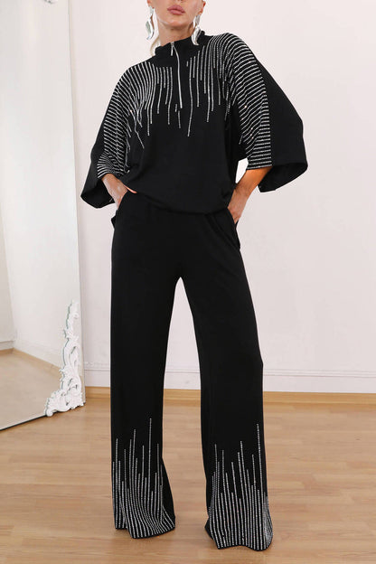 Rhinestone three-quarter sleeve top and wide-leg pants two-piece set